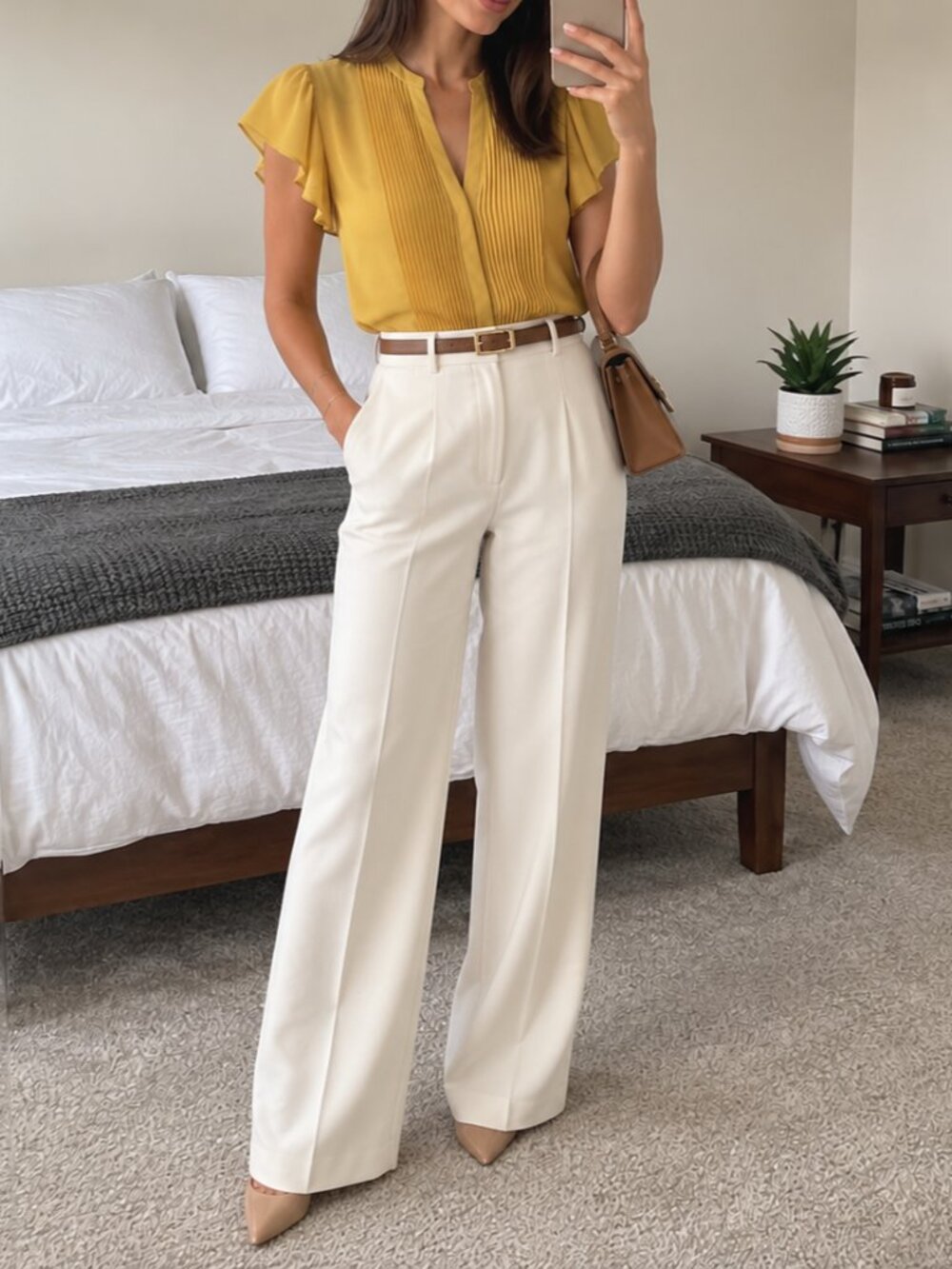 H&M Mustard Yellow Pleated Pintuck V-Neck Flutter Sleeve Blouse Top Size XS